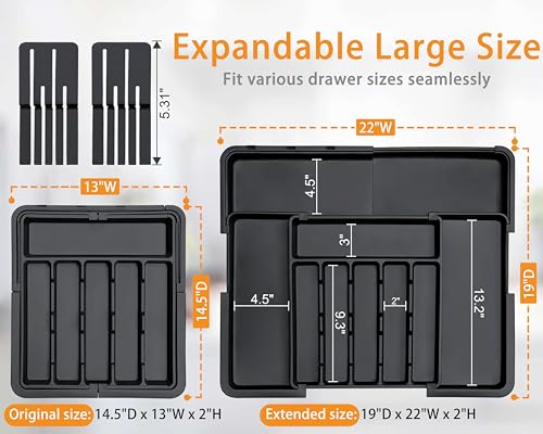 Homecor Black Expandable Silverware Organizer - Kitchen Drawer Utensil Dividers (22"x19")