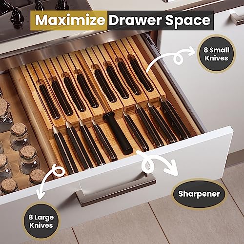 ELTOW Premium Bamboo Knife Drawer Organizer with Safety Slots