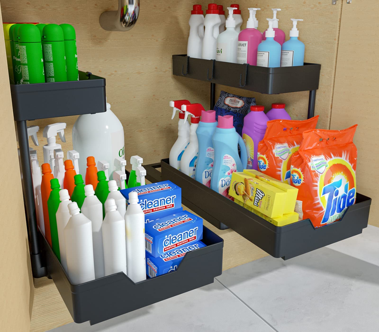 Black Under Sink Organizers for Bathroom & Kitchen Storage (Pack of 2)