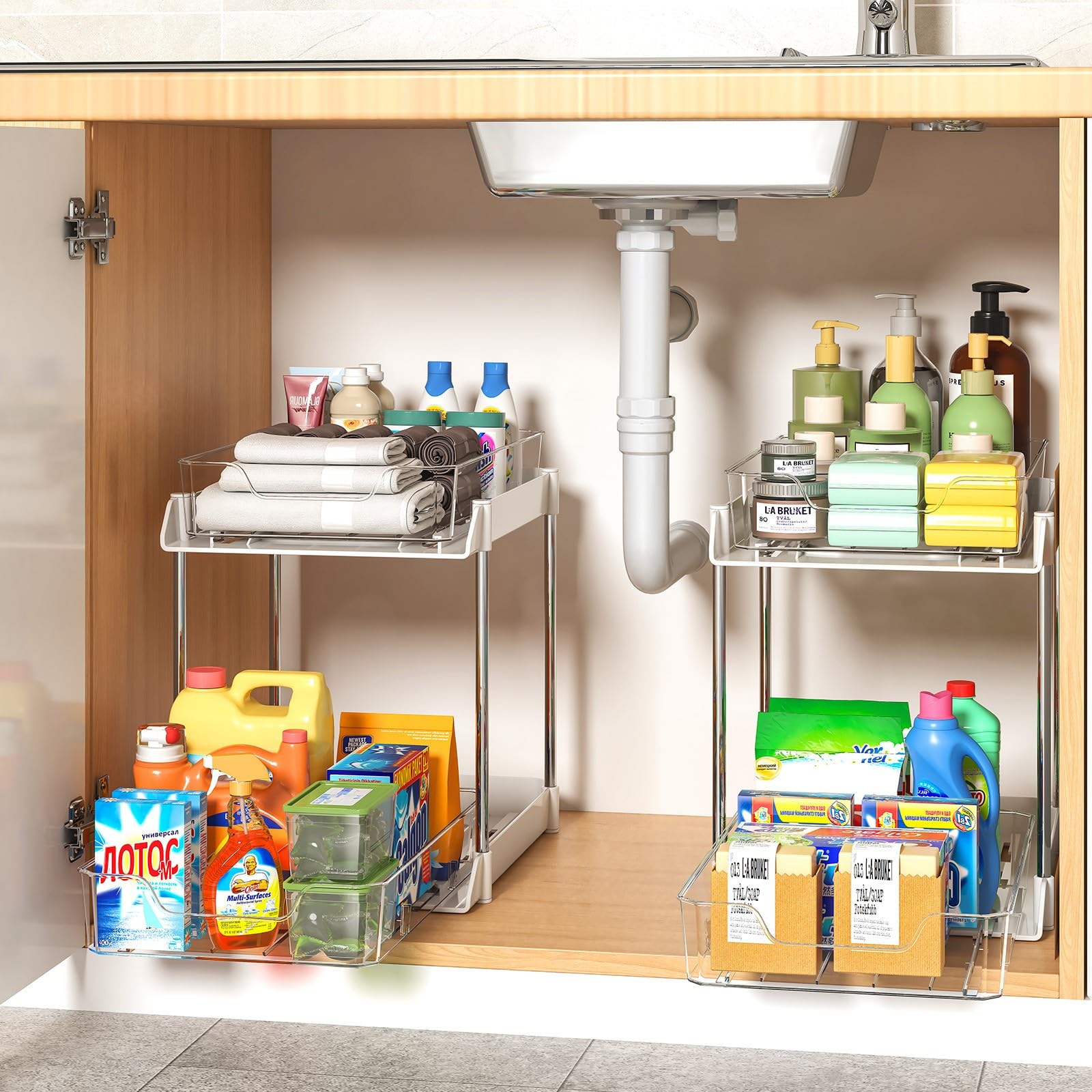 2-Pack JLKDQ Bathroom Sink Organizers & Storage, 2-Tier Pull-Out Medicine CabinetBins, Kitchen, Pantry, White & Clear