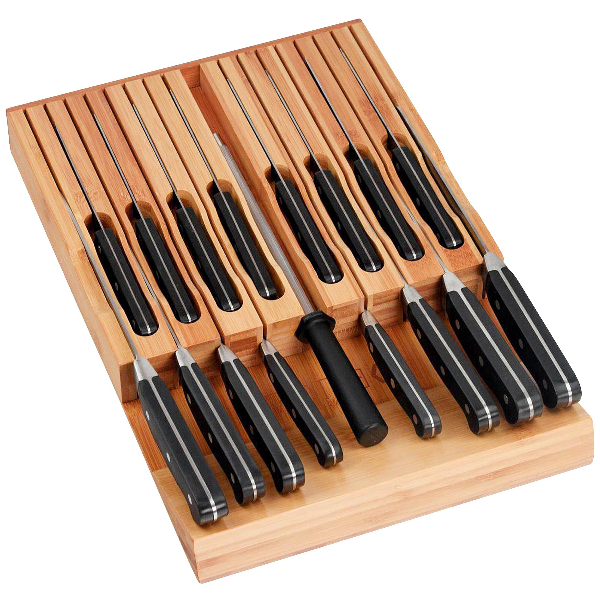 ELTOW Premium Bamboo Knife Drawer Organizer with Safety Slots