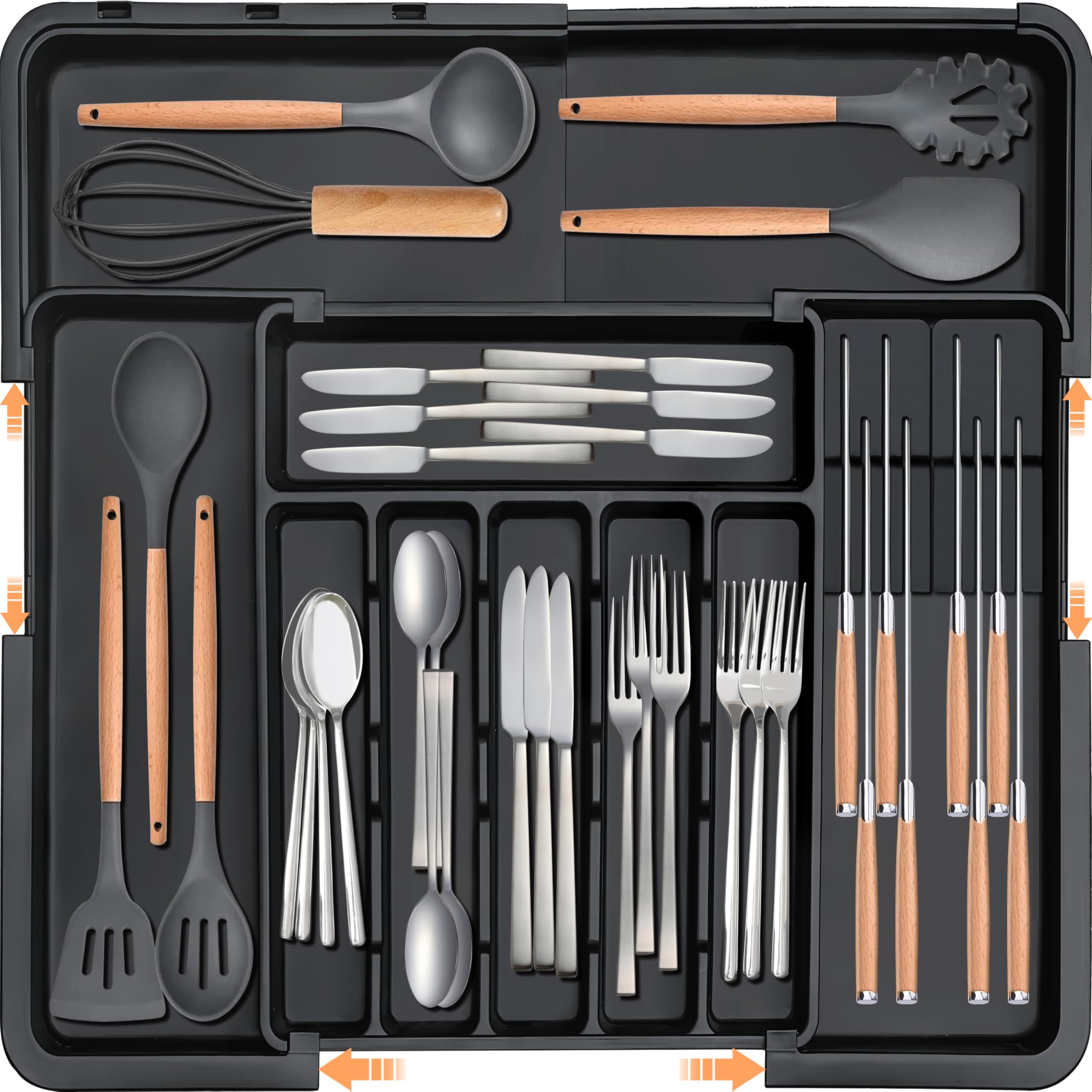 Homecor Black Expandable Silverware Organizer - Kitchen Drawer Utensil Dividers (22"x19")